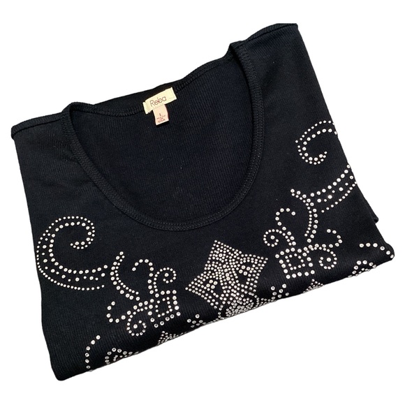 Reba Front & Back Rhinestone Cross Long Sleeves Round Neck Black Tee Shirt Sz LG - Picture 11 of 11